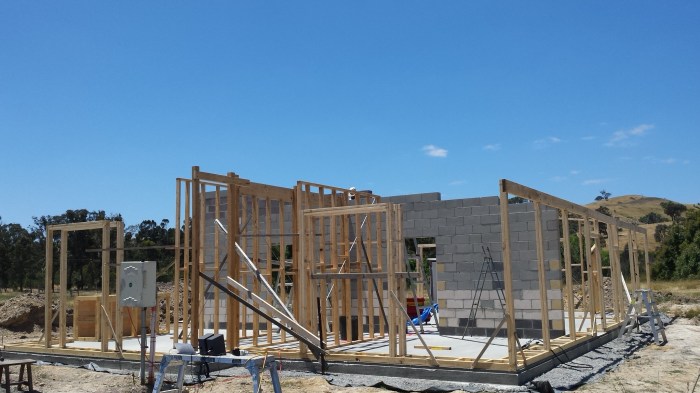 South facing external wall frames ready for strawbale insertion