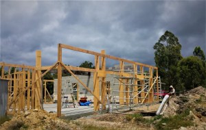 b) Front wall frame with ring beam and front lintels